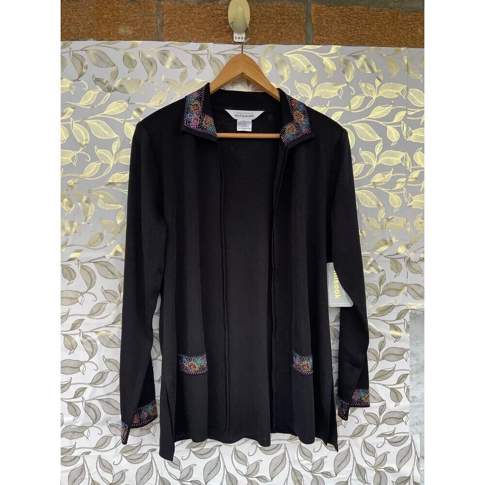 Exclusively Misook Ribbed Knit Duster | Rainbow Gem Studded Collar small